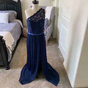 Long one shoulder lace dress. New with tags, never worn and unaltered